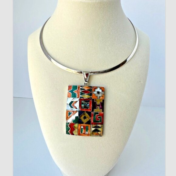 Peruvian 950 Sterling Silver Pendant | Rectangular Mosaic Inlay | Natural Stones - Picture 2 of 12